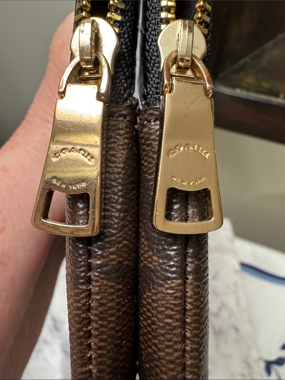 Coach Brown Signature Double Zip Wristlet with Gold Logo - Picture 12 of 12